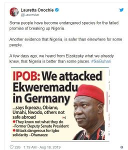 Ekweremadu’s Attack Evidence That Nigeria is Safer – Onochie  