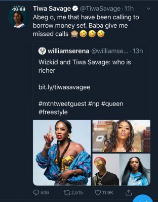 Fans Debate Who Is Richer Between Tiwa Savage & Wizkid, Tiwa Responds  