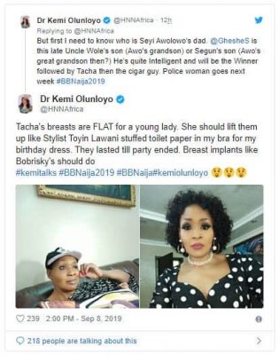 #BBNaija: Kemi Olunloyo's Offensive Message To Tacha's Fans  