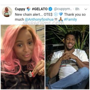 DJ Cuppy Shows Off Chain Gift From Anthony Joshua  