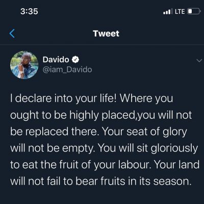 Davido Prays For His Fans On Twitter  