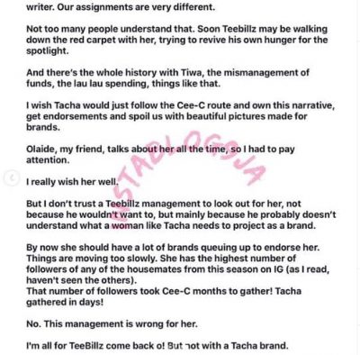 Nigerian Writer Condemns The Managerial Relationship Between Tacha And TeeBillz  