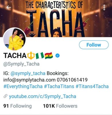 BBNaija: Tacha Akide Gets Verified On Twitter  