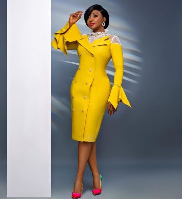 Nollywood Diva, Ini Edo Cuts A Sophisticated Figure In A Yellow Blazer Dress  