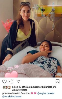 Regina Daniels Visited By Co-Wife In Hospital After Childbirth [PHOTO]  