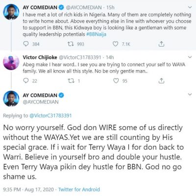 BBNaija: Comedian AY Savagely Replies Fan Who Trolled Him For Supporting Kiddwaya  