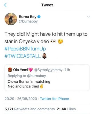 BBNaija: Burna Boy To Feature Erica, Neo In His Upcoming Music Video  