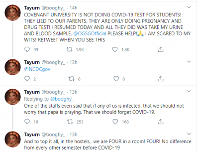 Covenant University Doing Pregnancy & Drug Test Instead Of COVID-19 Test – Student Raises Alarm  