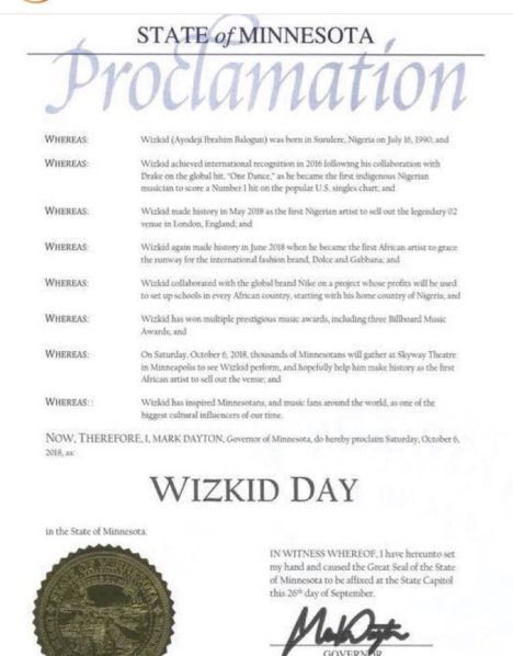 State Of Minnesota Celebrates World Wizkid Day  